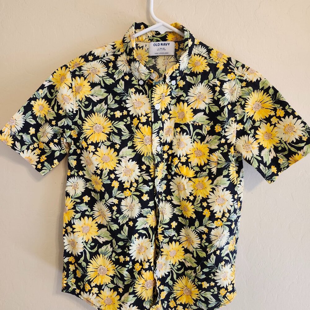 Old Navy Shirt Boys Youth Sunflower Short Sleeve Print Button Up